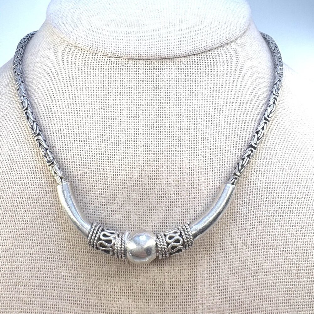 VTG Solid Sterling Silver 925 Bali Style Chain Necklace Size 15.5" Length